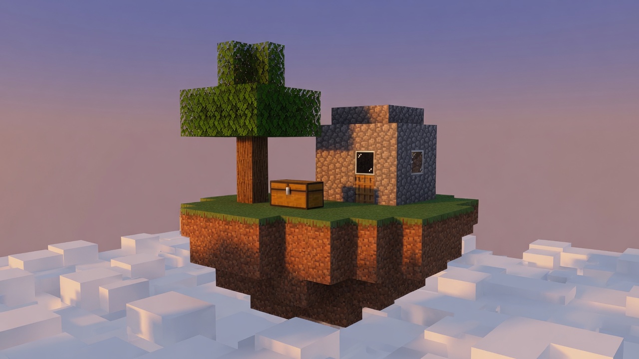 Isla flotante de bloques con un árbol, un cofre y una cabaña de piedra